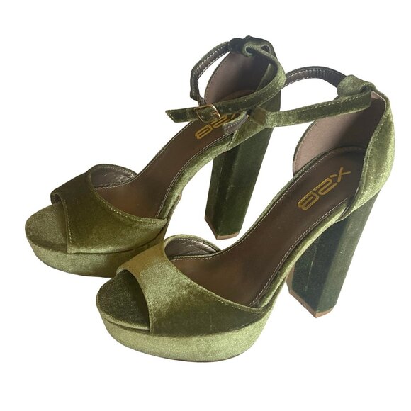 Olive-Green Luxe Velvet Slingback Sandals – Peep Toe Platform Block Heel - Picture 1 of 7